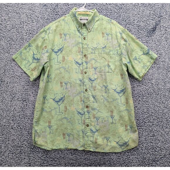 Columbia River Lodge Tiki Marlin Button Down Shirt Size L Fishing Vacation Green - Picture 2 of 13